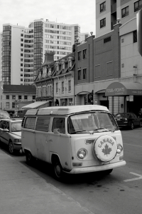 Patriotic people-mover: a pre-1972 Volkswagen Microbus resting in Kingston, Ontario.